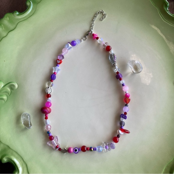 Iconic Pink Purple & Red Beaded Necklace Butterfly Mushroom Hamsa Fish Evil Eye - Picture 3 of 7